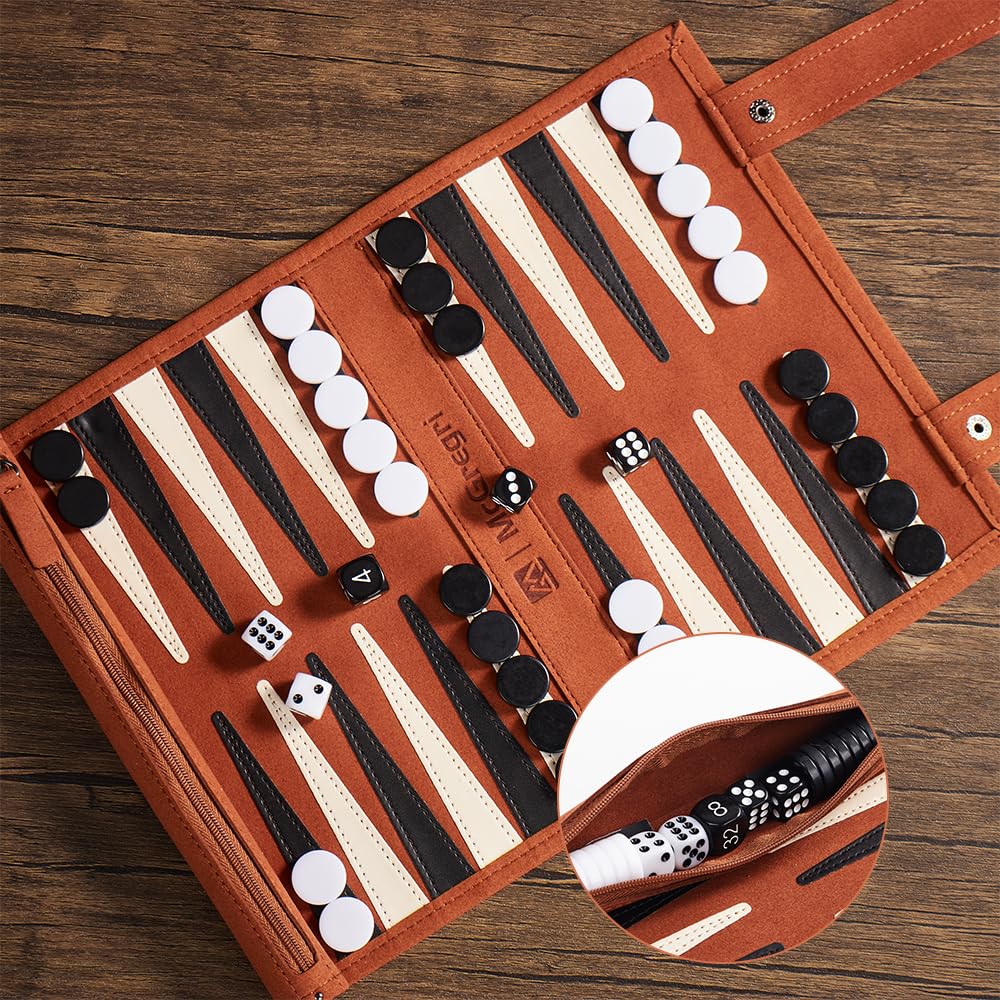 McGregri Backgammon pieces and dice ready for on-the-go play.