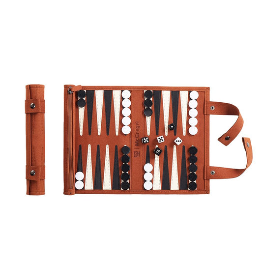 McGregri Backgammon roll-up board for easy travel and compact storage.