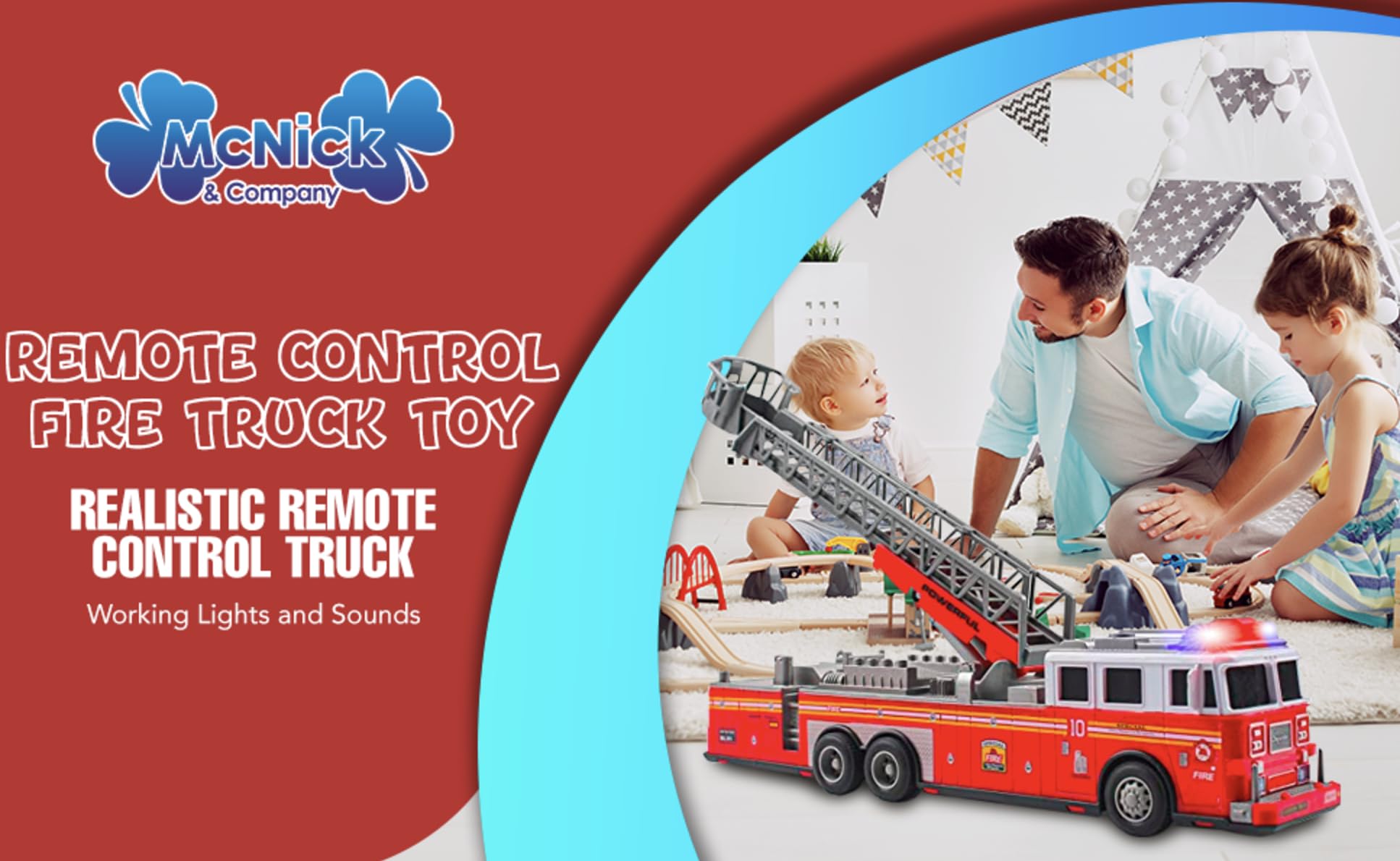 Extendable ladder on MCNICK & COMPANY RC fire truck for elevated pretend rescues.