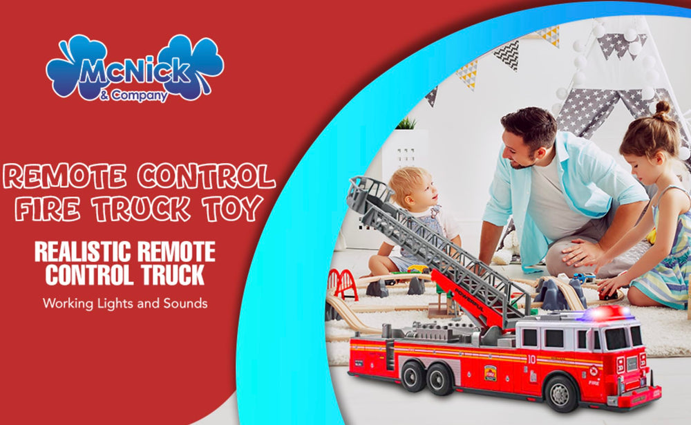 Extendable ladder on MCNICK & COMPANY RC fire truck for elevated pretend rescues.