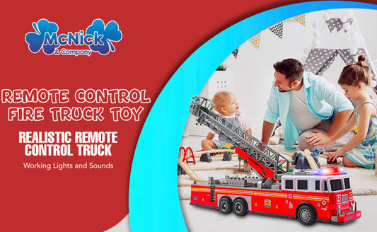 Extendable ladder on MCNICK & COMPANY RC fire truck for elevated pretend rescues.