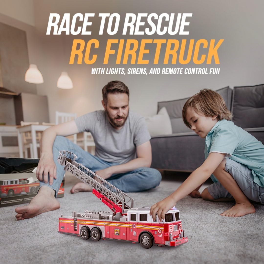 Headlights illuminate indoor adventures on the MCNICK & COMPANY RC fire truck.