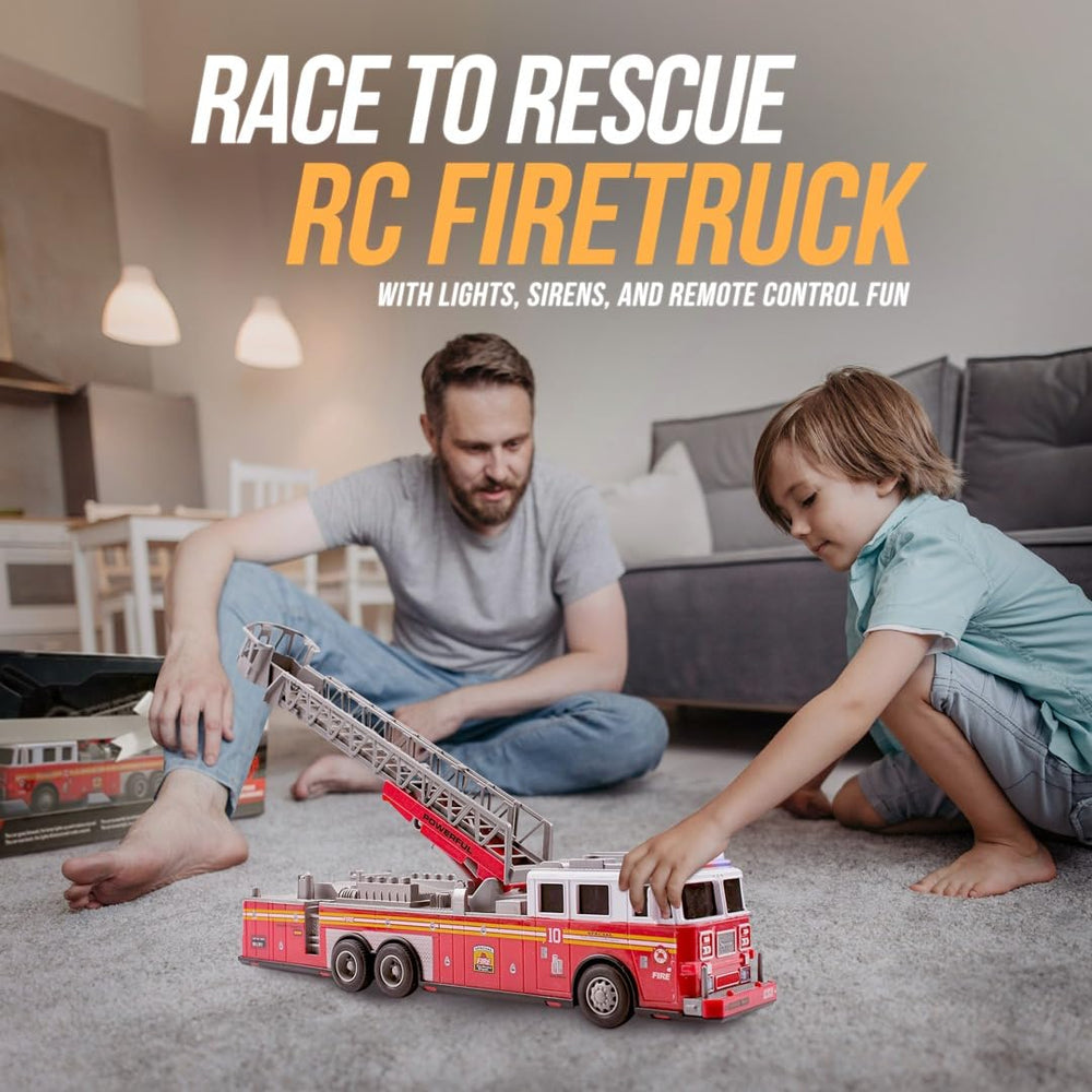 Headlights illuminate indoor adventures on the MCNICK & COMPANY RC fire truck.
