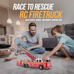 Headlights illuminate indoor adventures on the MCNICK & COMPANY RC fire truck.