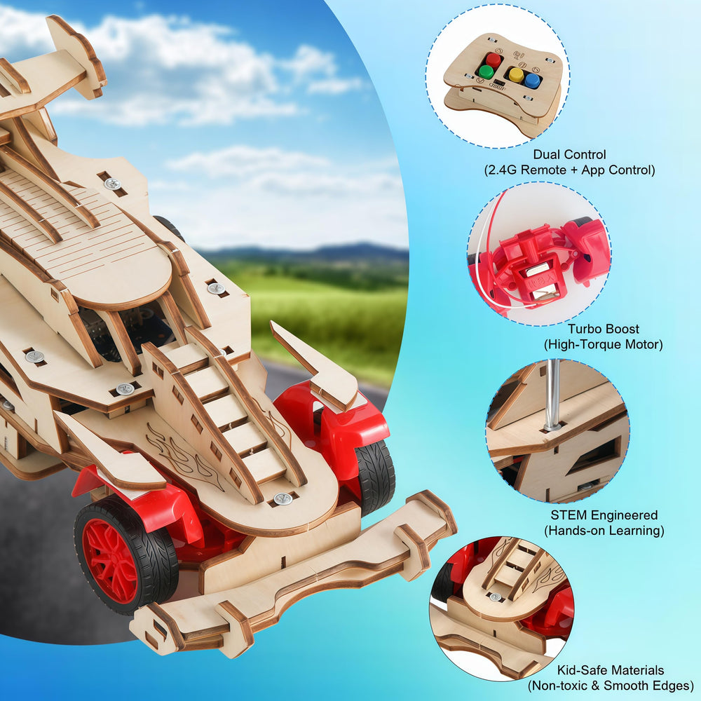 MCRADY wooden RC car components: sturdy, safe parts for young builders.