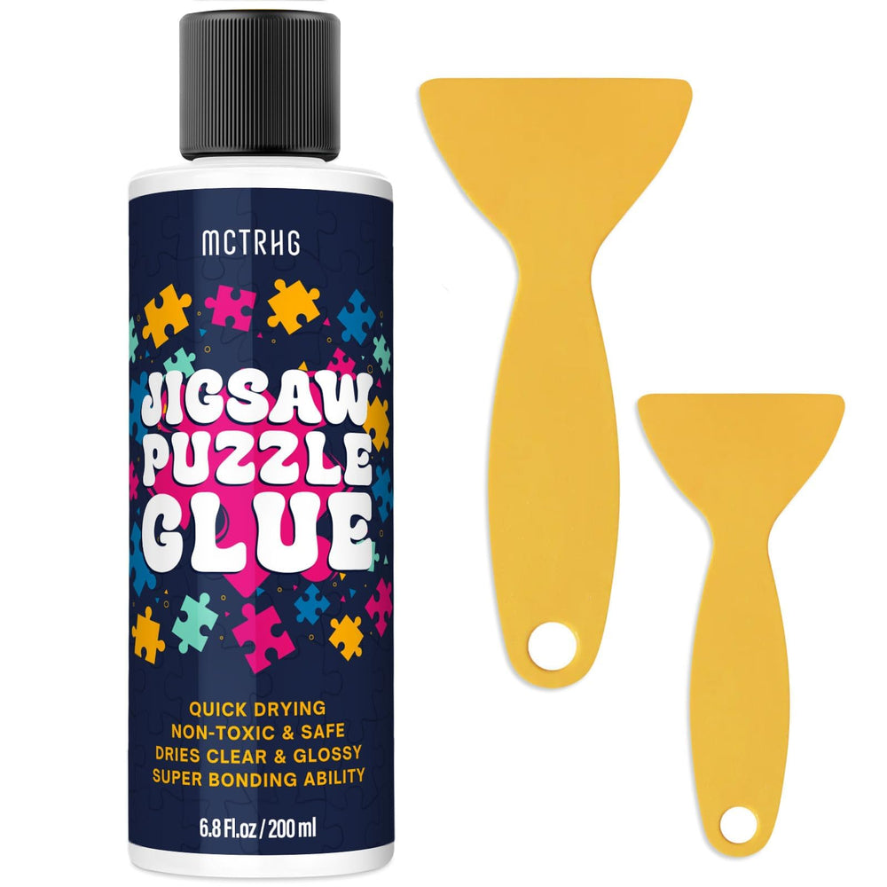 MCTRHG Puzzle Glue bottle close-up shows a clear, durable finish for lifelong puzzles.