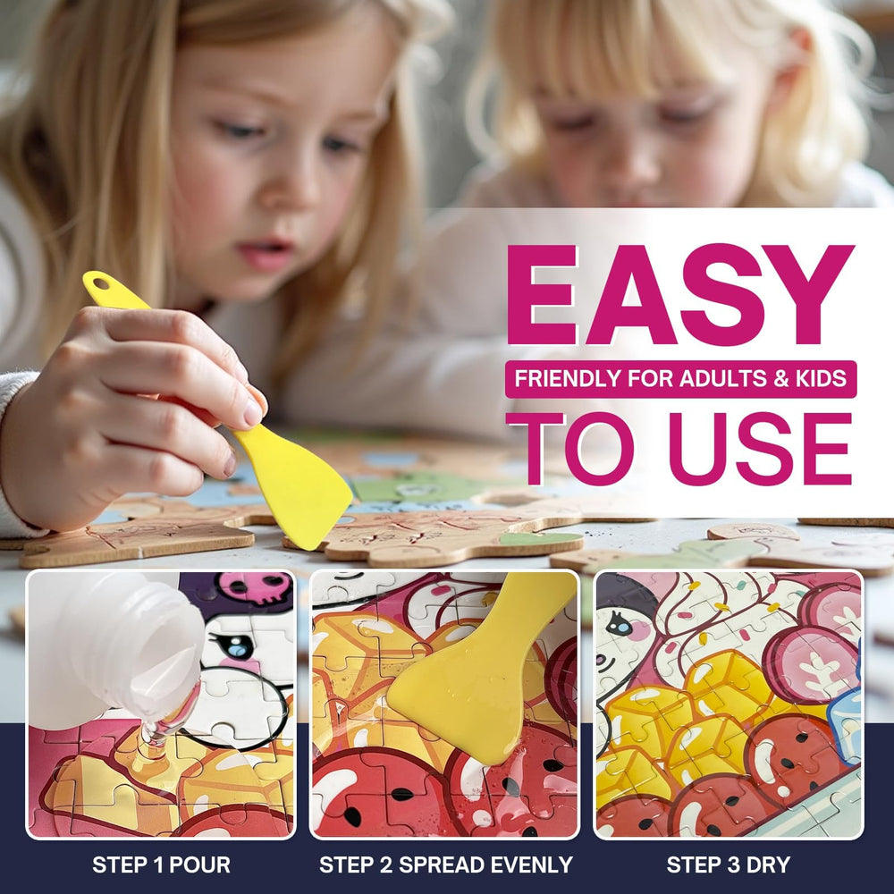 MCTRHG Puzzle Glue dries clear with a glossy finish to preserve puzzle colors.