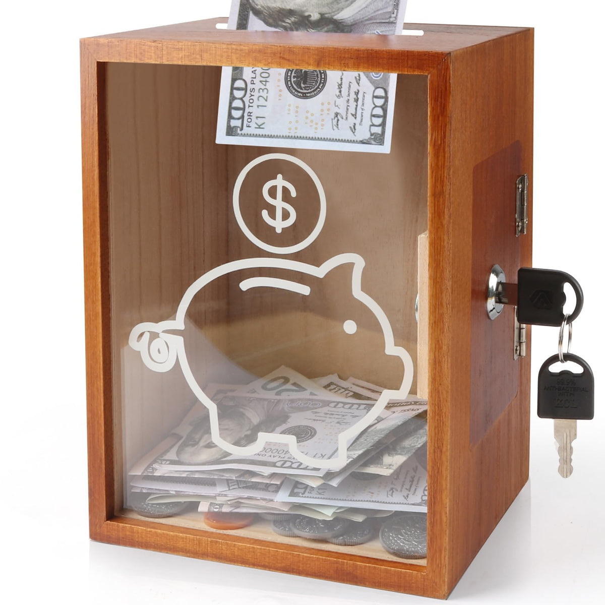 Mczxon clear piggy bank with lock front view showing transparent savings growth