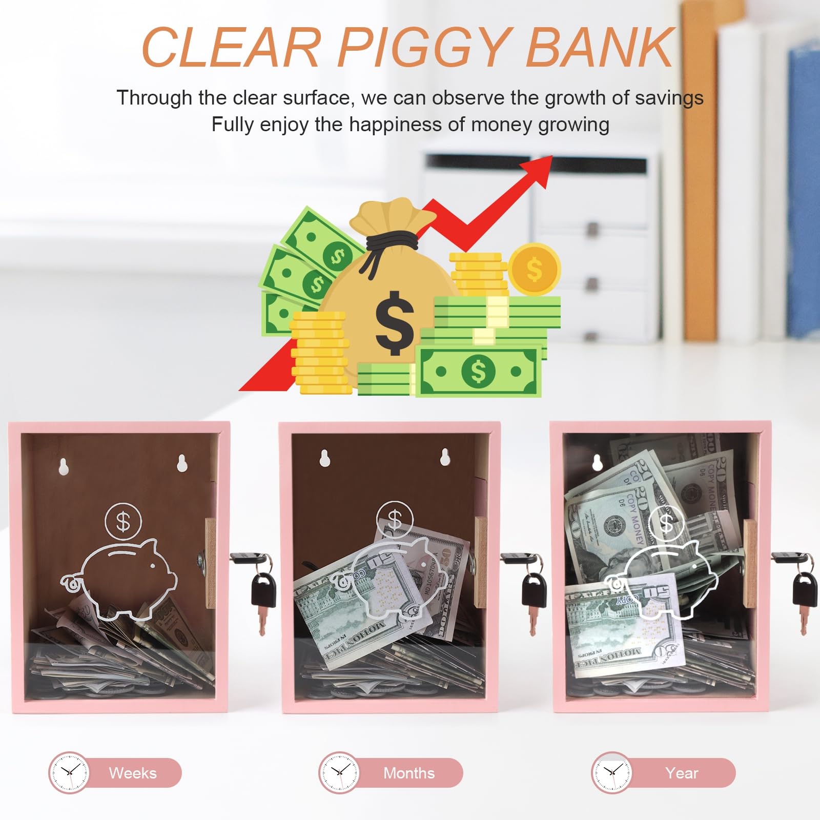 Mczxon piggy bank with keys allows easy, secure access.