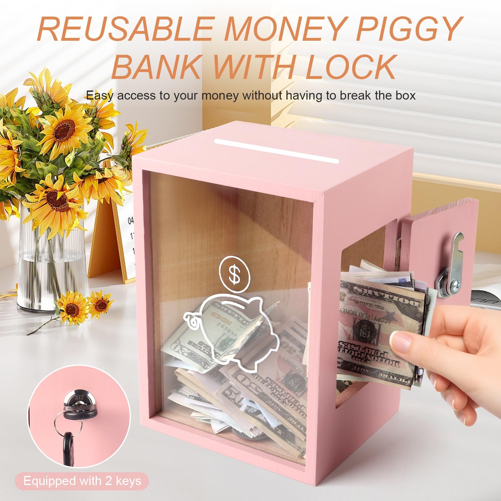 Mczxon wood and acrylic piggy bank front view emphasizes transparent growth of savings.