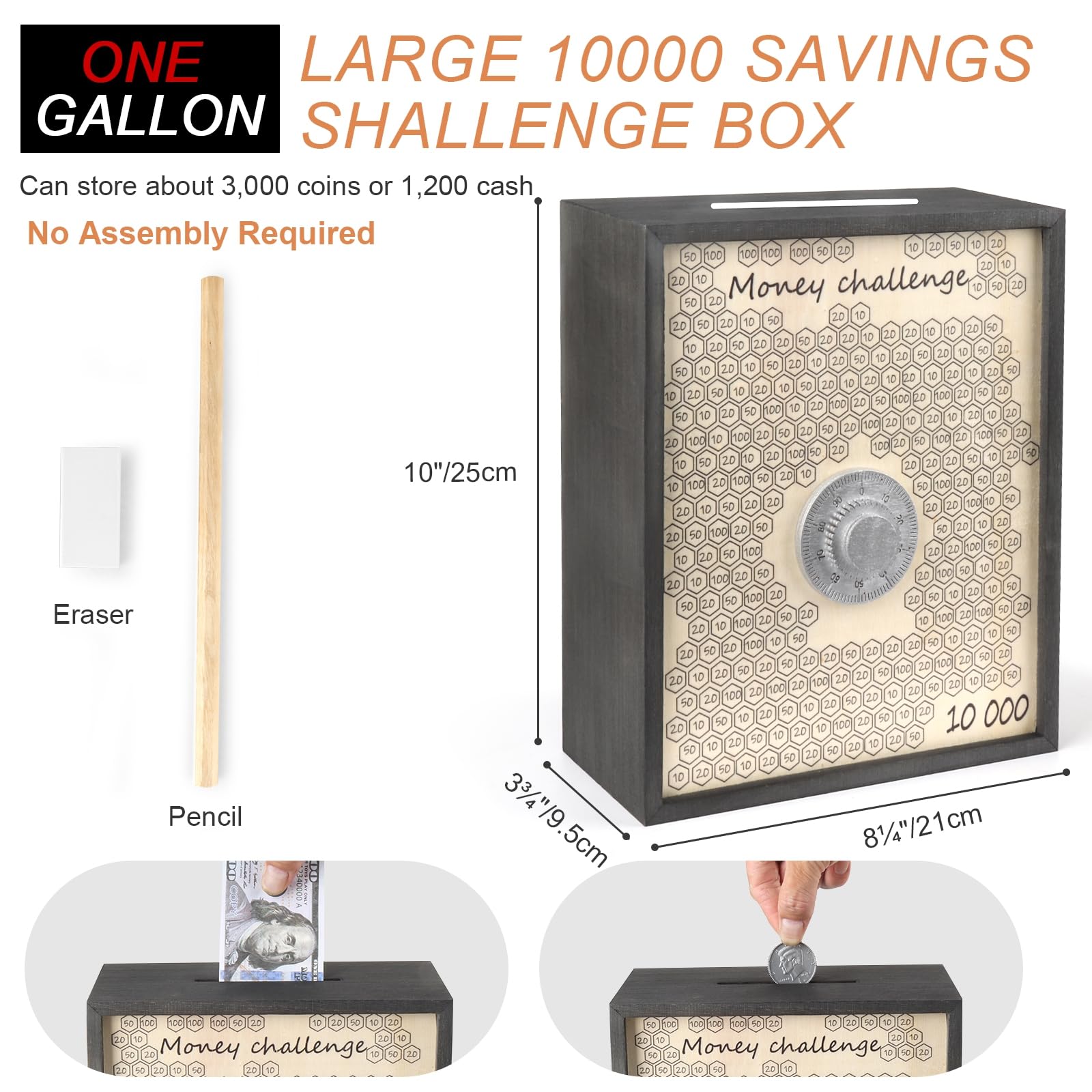 Mczxon wooden savings box open interior for coins and cash.