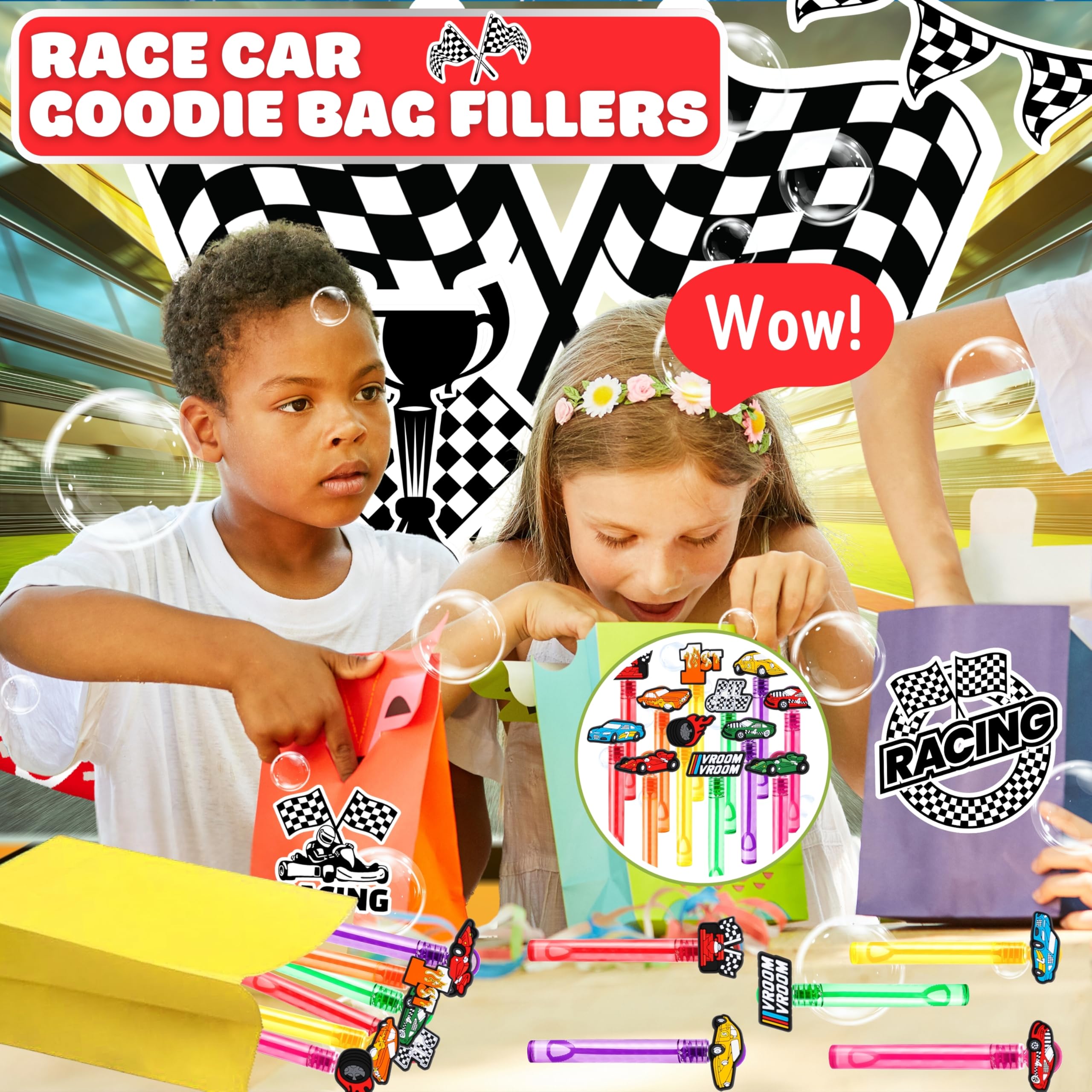 Bubble wands designed for pinata fillers and race-themed celebrations