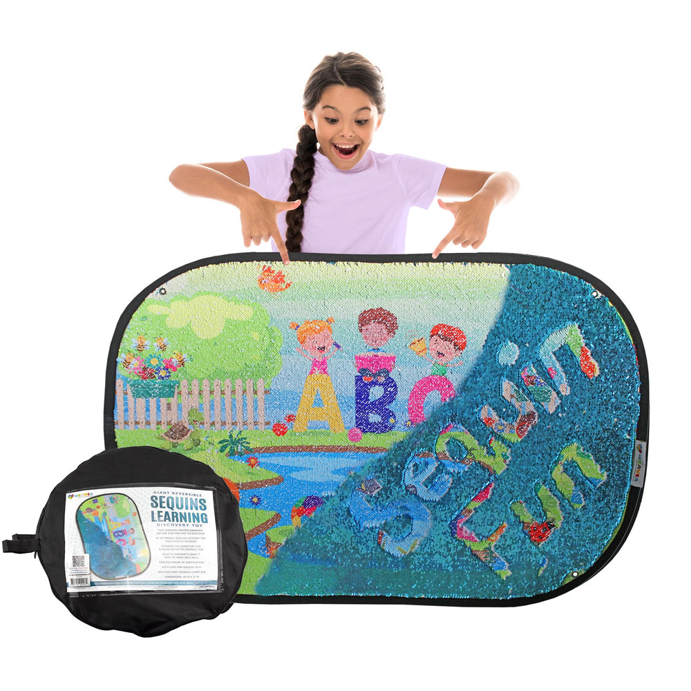 Meavia giant reversible sequins wall toy 40x27 in shown for sensory play and learning.
