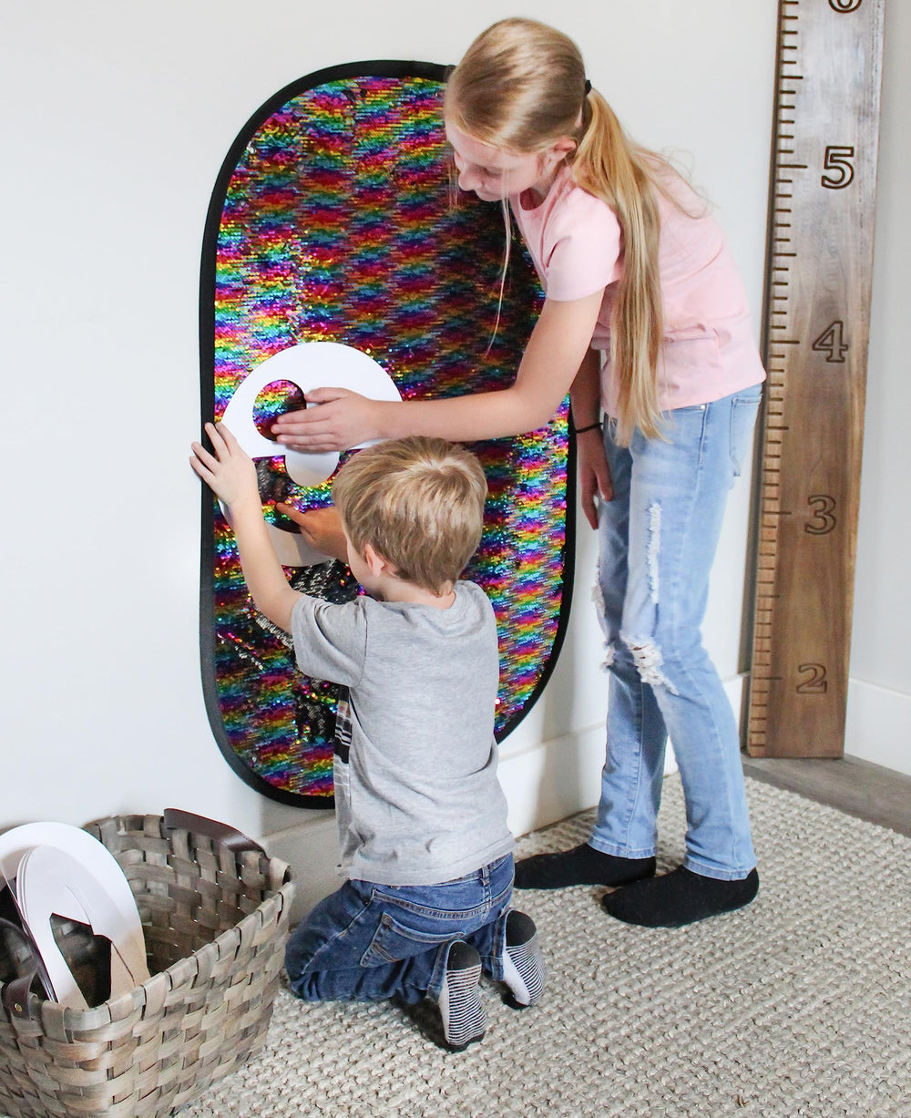 Meavia jumbo sequin mat enhances open-ended creative play.