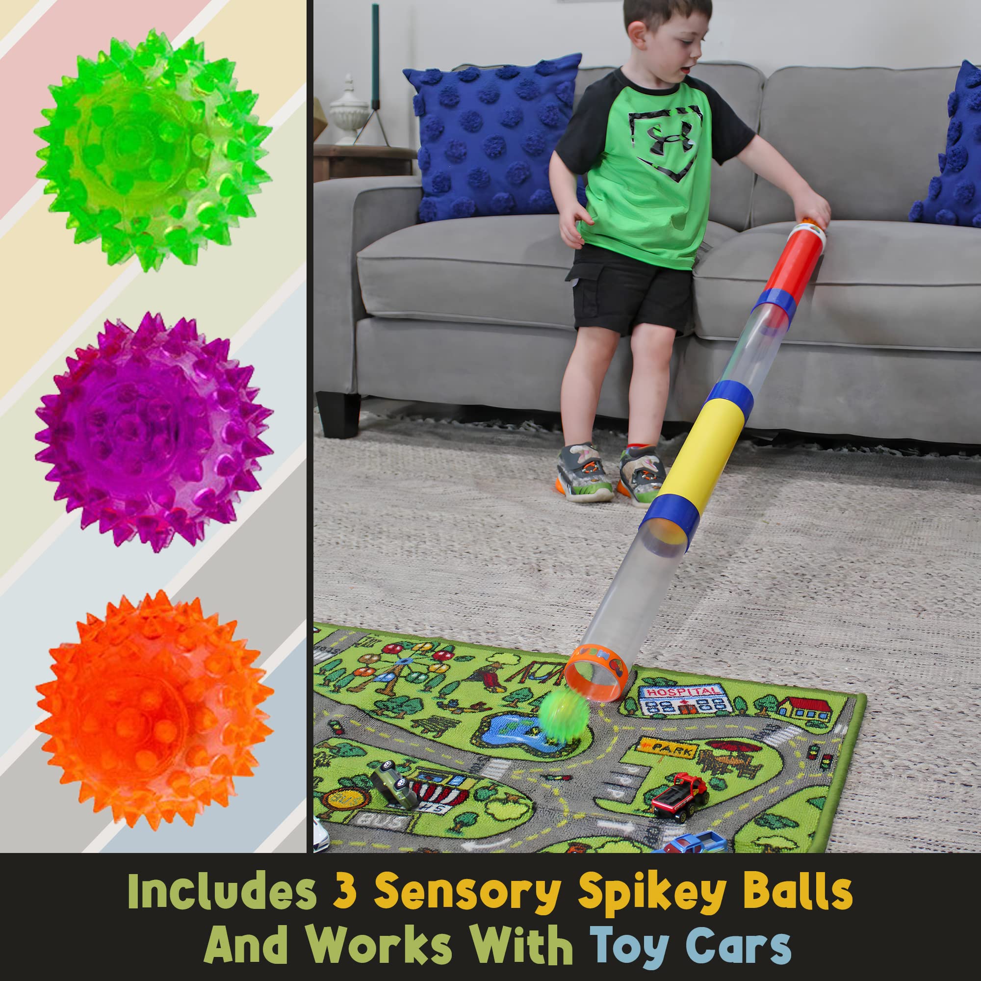 MEAVIA Sensory Spiky Balls paired with the track for tactile, visual, and kinetic play.