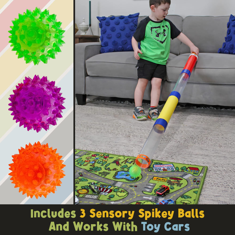 MEAVIA Sensory Spiky Balls paired with the track for tactile, visual, and kinetic play.