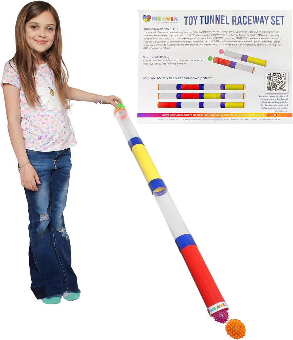 MEAVIA Tunnel Ball Drop Race Track Set assembly shows a long tunnel for cause and effect play.