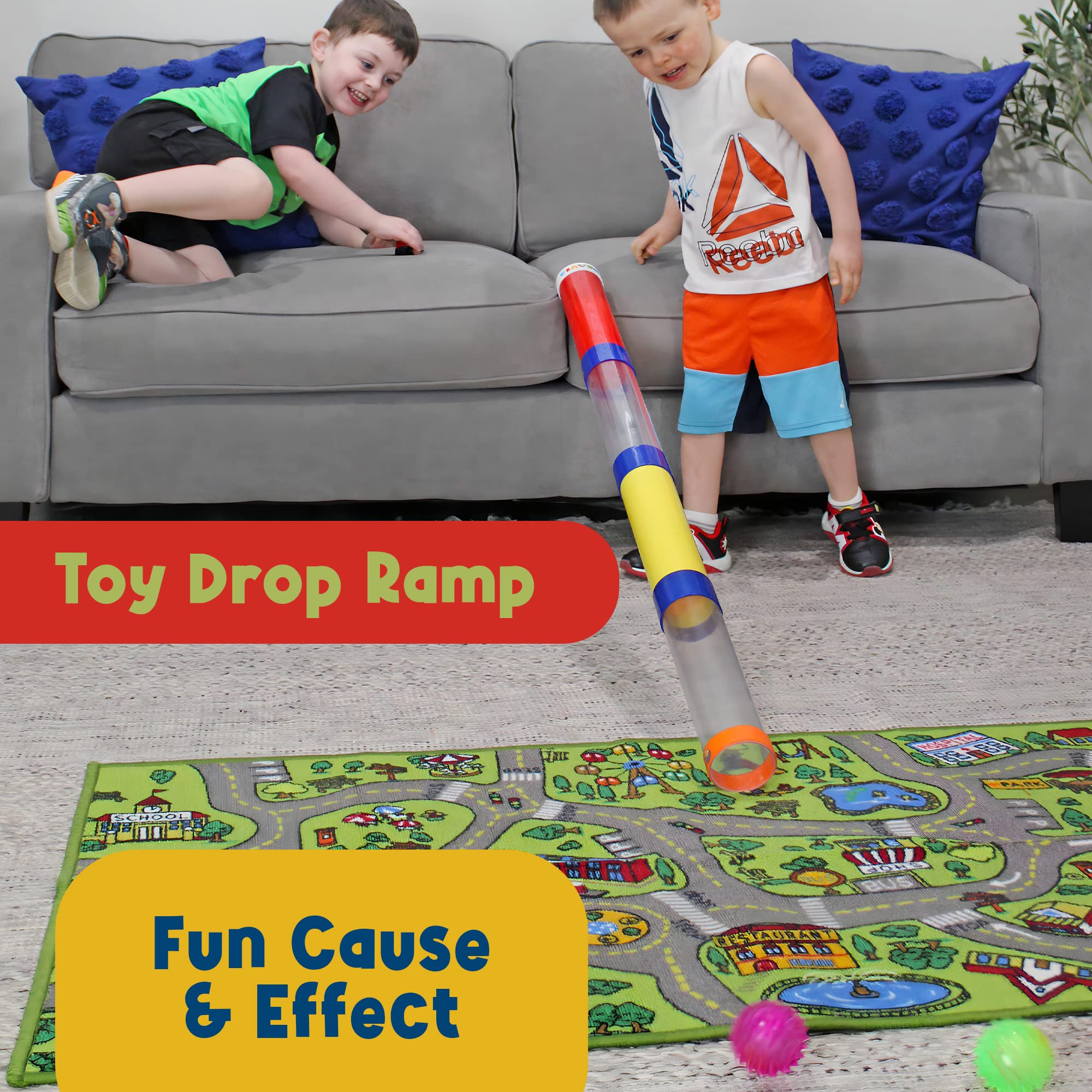 MEAVIA Tunnel Ball Drop Race Track Set side-by-side race promotes cooperative play.