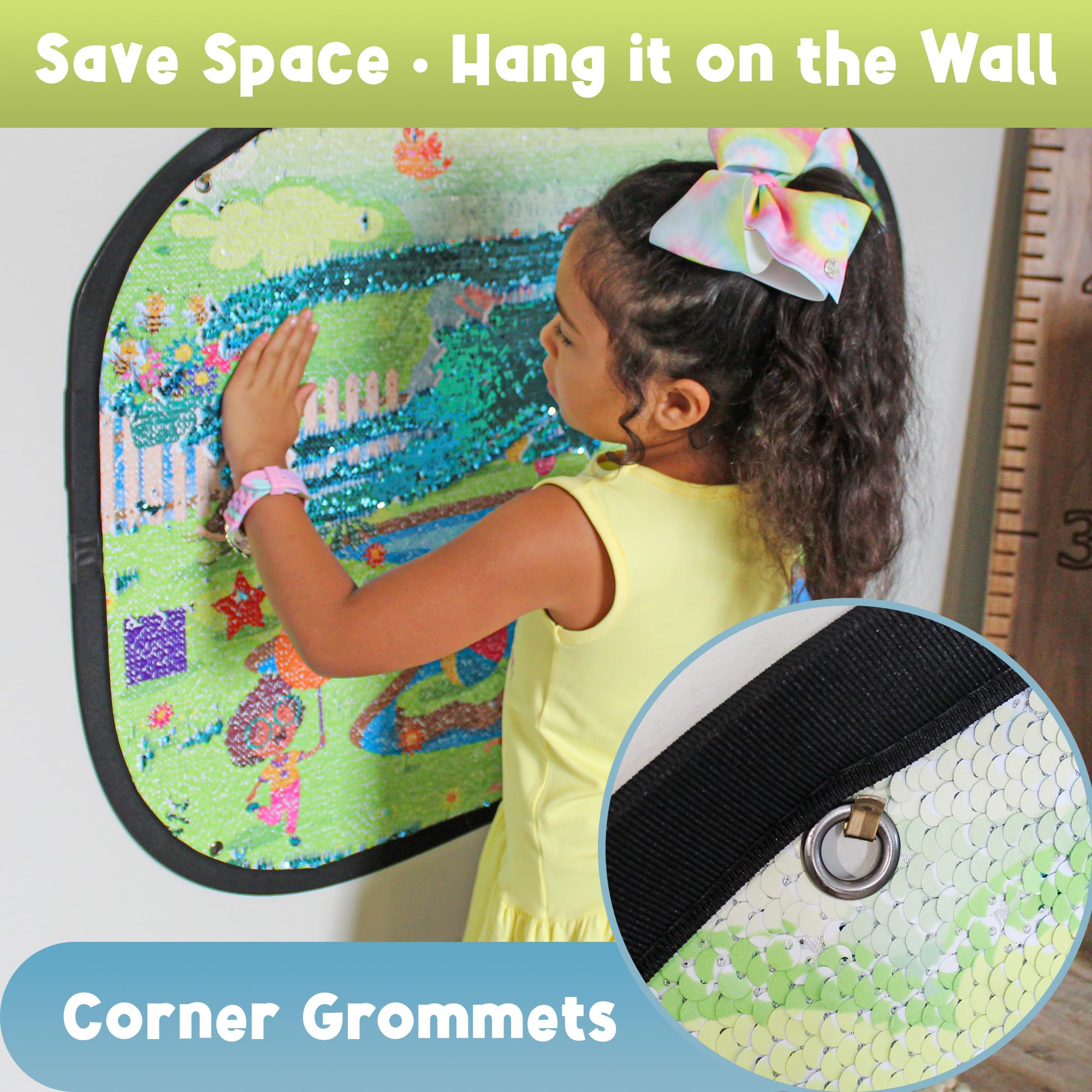 Meavia wall-hanging setup with corner grommets in a bright playroom for easy display.
