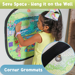 Meavia wall-hanging setup with corner grommets in a bright playroom for easy display.