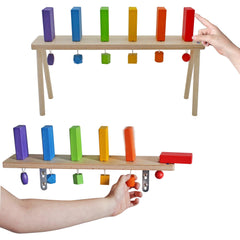 MEAVIA wooden falling domino wall shows colorful blocks for screen-free play and learning.