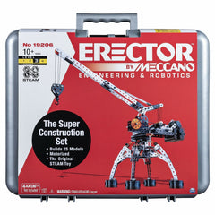 MECCANO Erector Super Construction 25-in-1 kit with motorized crane in action.