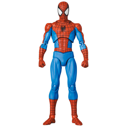Medicom MAFEX No.185 Spider-Man side view highlights slim silhouette and dynamic proportions.