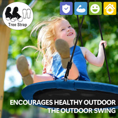 Medicook blue saucer swing brightens any backyard.