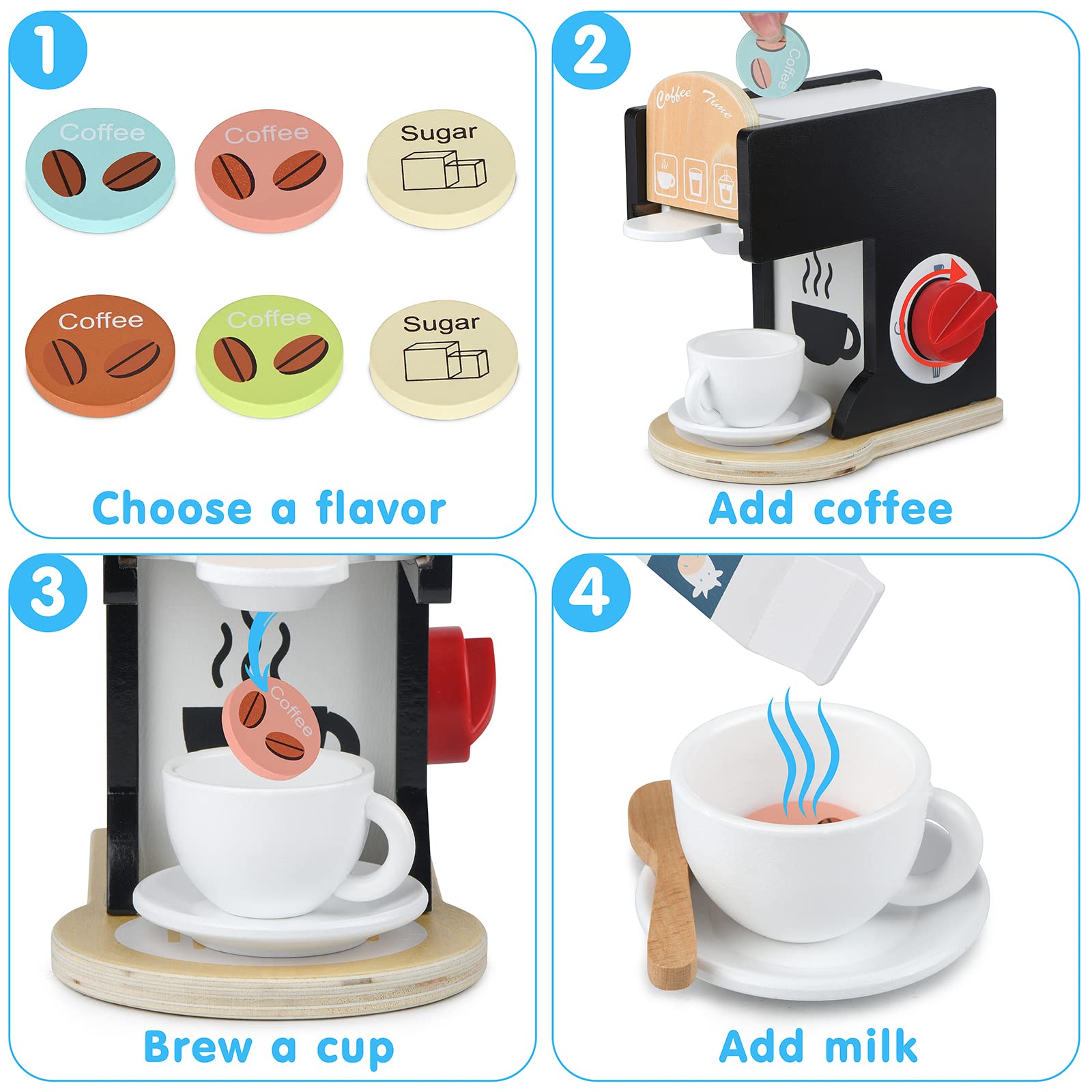 Medoga coffee maker toy packaging presents a gift-ready set for birthdays or holidays.