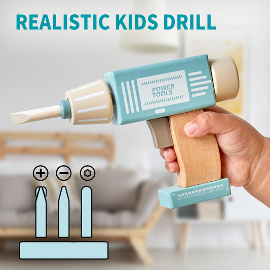 Medoga tool belt and toy drill for realistic role play.