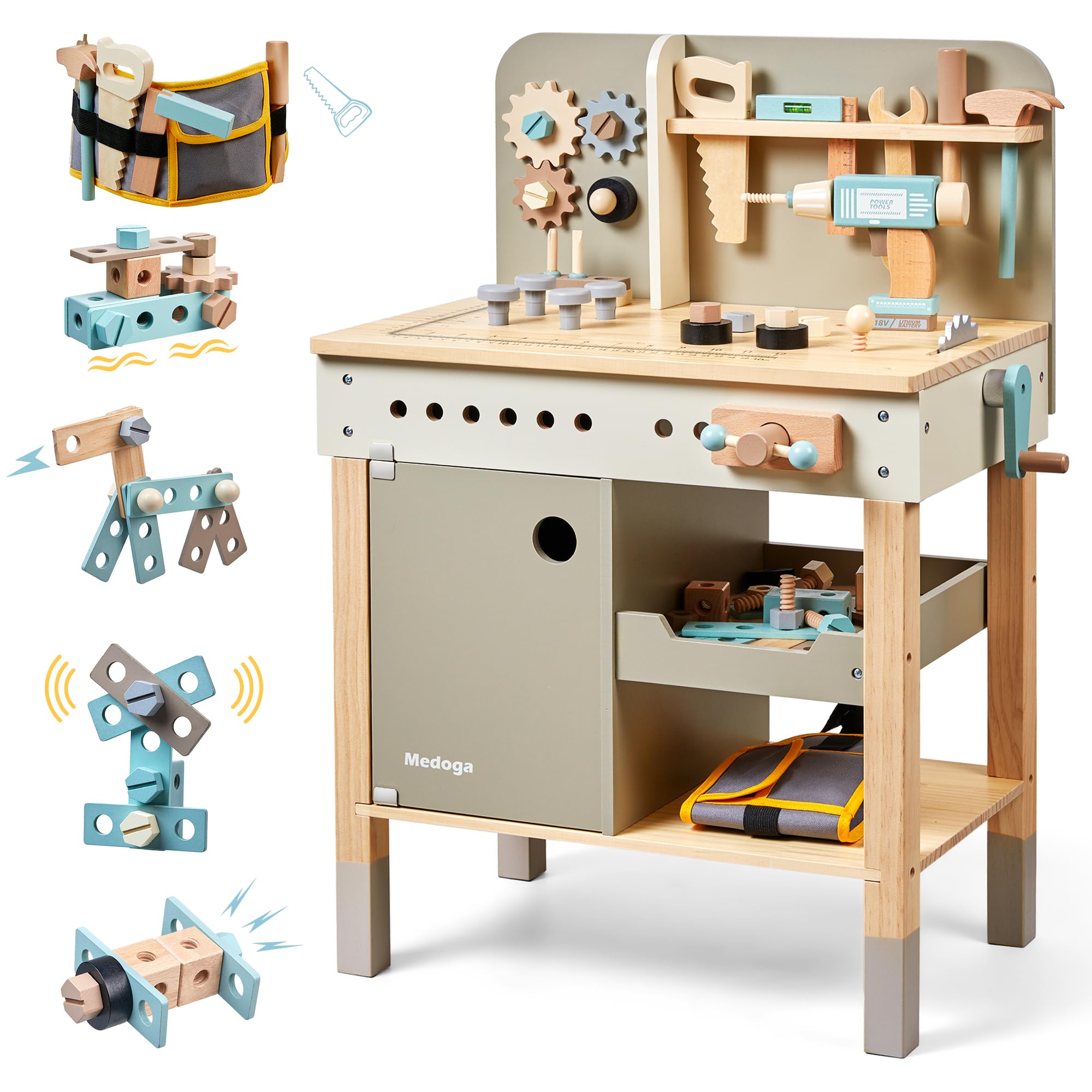 Medoga Kids Tool Bench with wooden tools for creative pretend play.