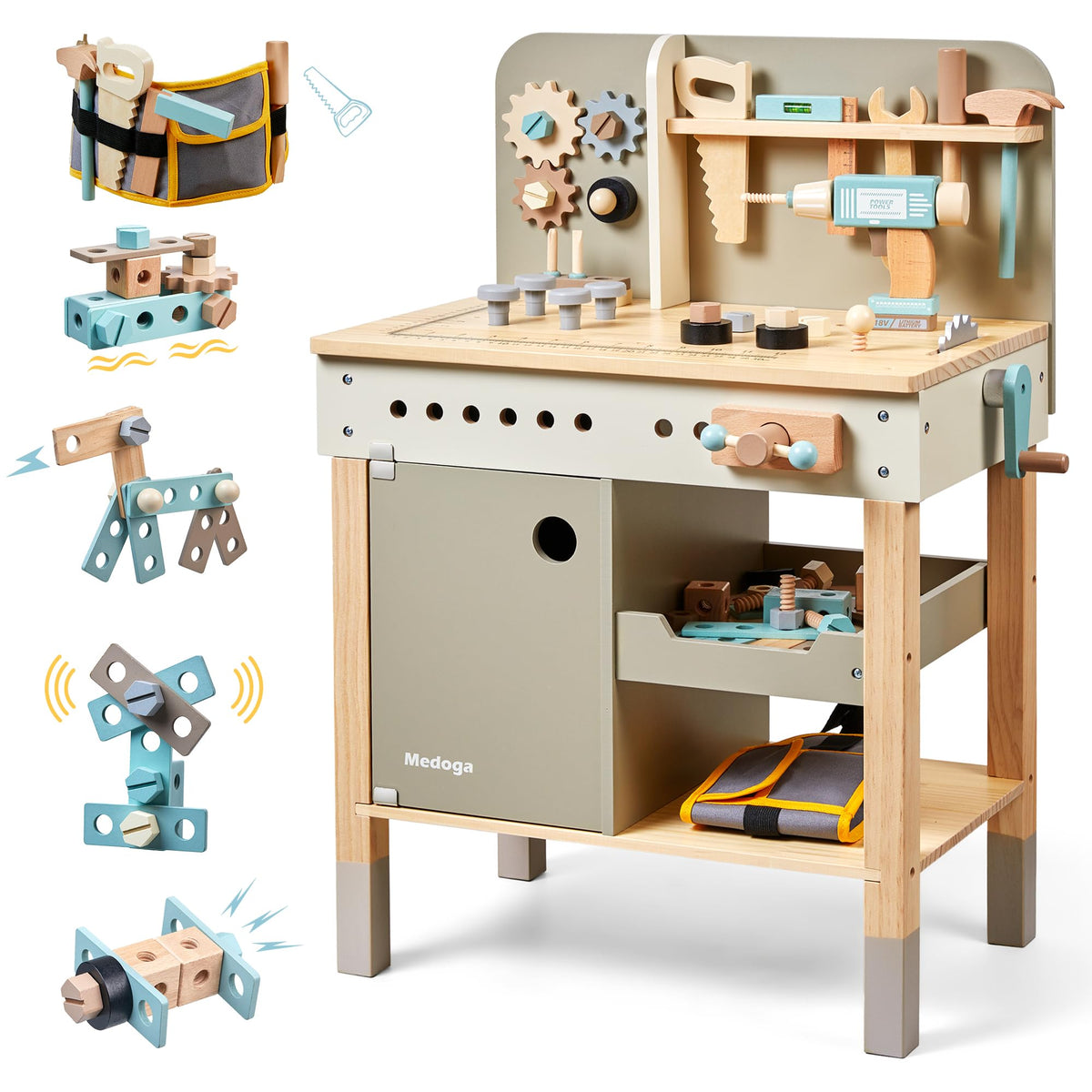 Medoga Kids Tool Bench with wooden tools for creative pretend play.