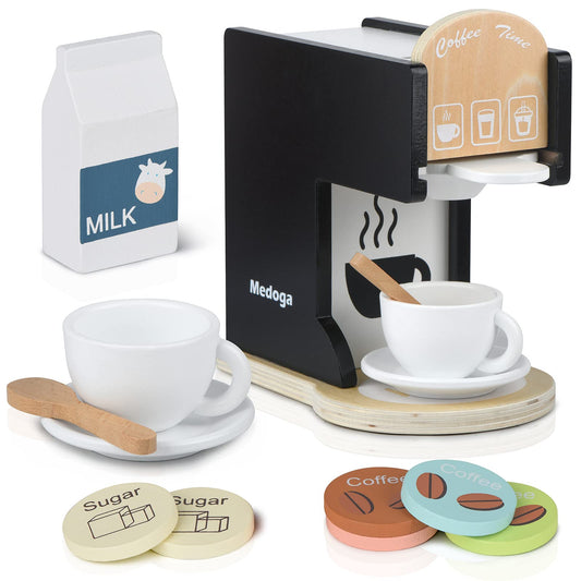 Medoga wooden coffee maker toy front view for imaginative play and pretend brewing.