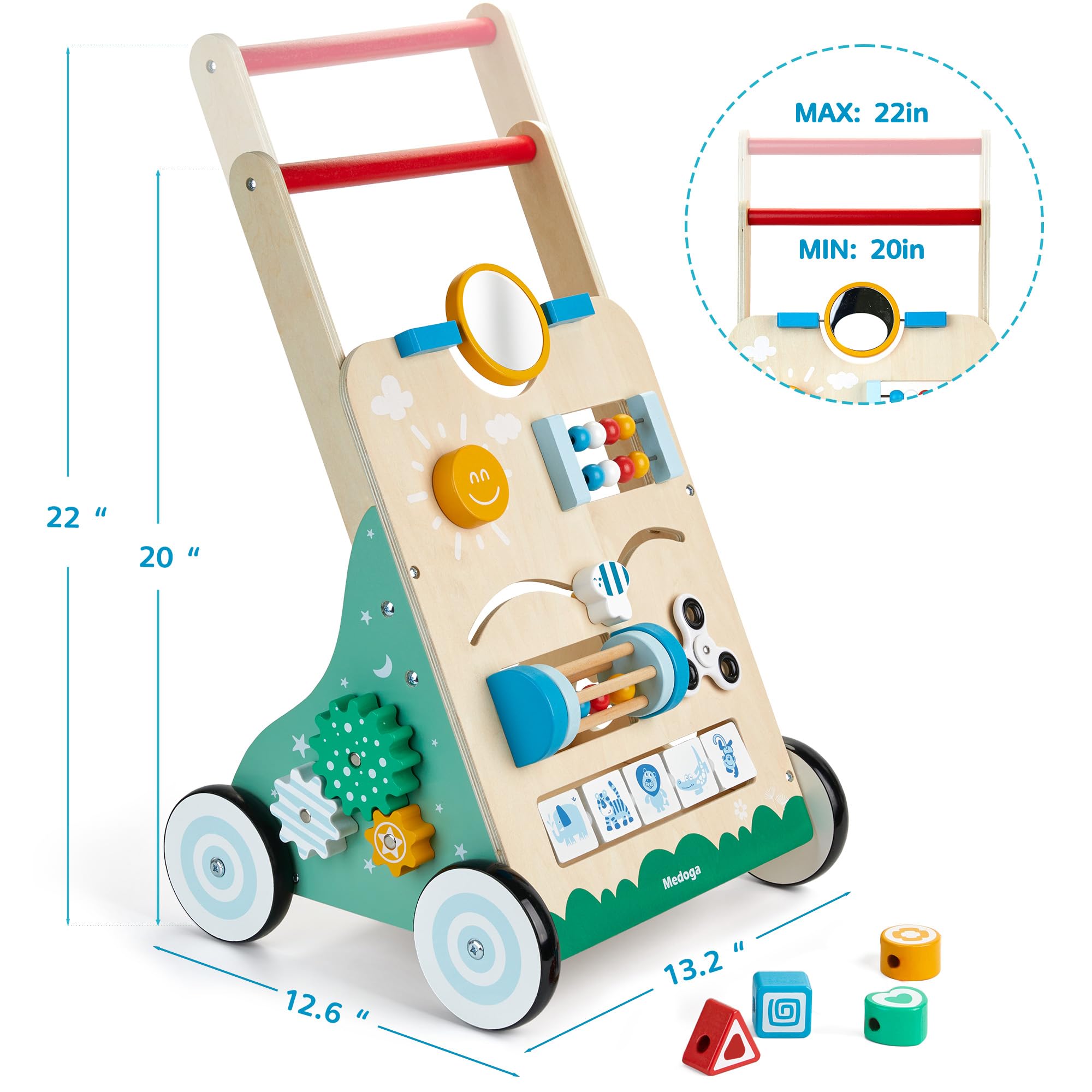 Medoga wooden walker features rubberized wheels for smooth, floor-friendly movement.