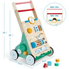 Medoga wooden walker features rubberized wheels for smooth, floor-friendly movement.