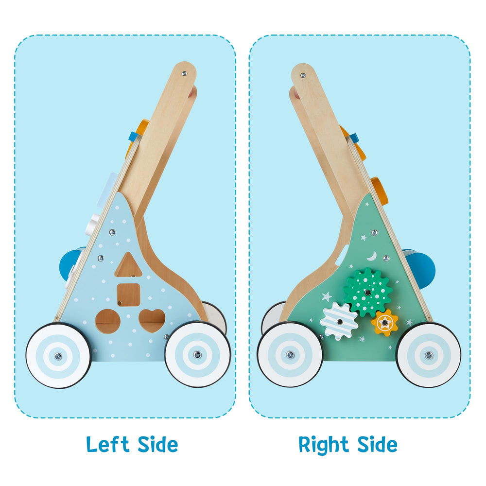Medoga wooden walker includes built-in storage to keep toys organized.