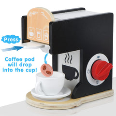 Medoga wooden coffee set with cups and spoons supports role-play and fine motor skills.