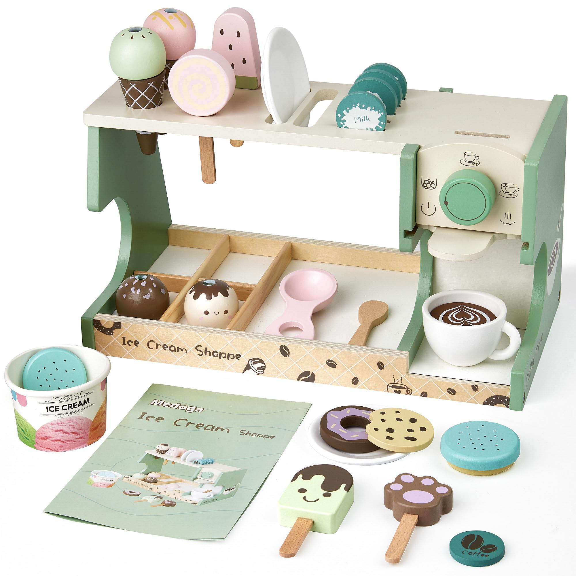 Medoga wooden ice cream counter with coffee maker for imaginative play and storytelling