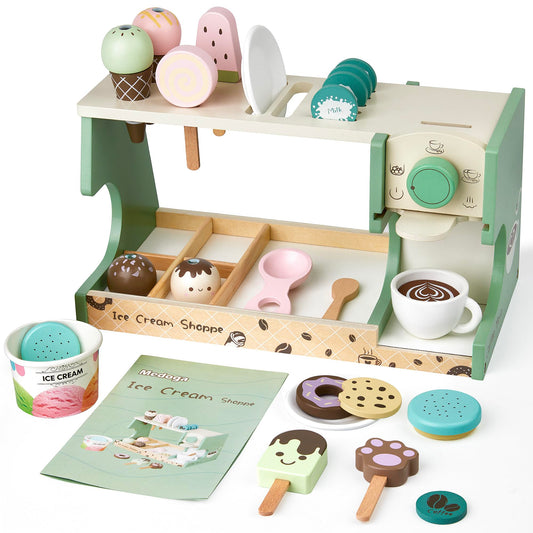 Medoga wooden ice cream counter with coffee maker for imaginative play and storytelling