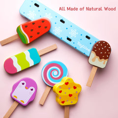 Medoga chocolate ice cream pops on display inviting role-play in a pretend shop.