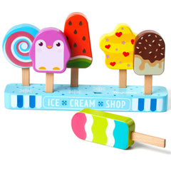 Medoga wooden ice cream set displayed on a stand for organized pretend play.