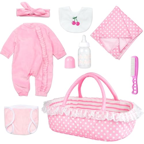 Medylove 8 Pcs Reborn Doll Clothes with Bassinet pink – cozy cradle for playtime.