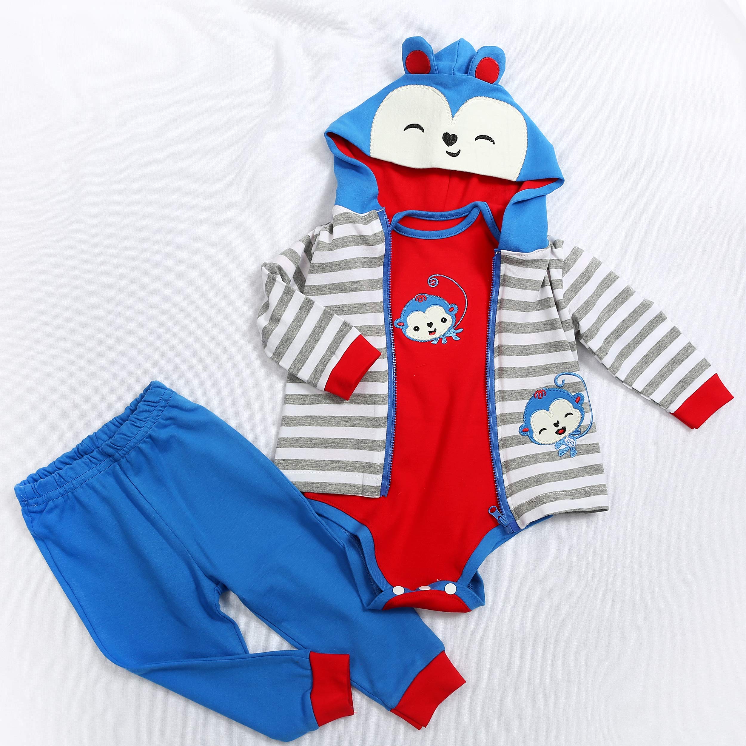 Medylove 3-piece packaging view showing coat, romper, and trousers.