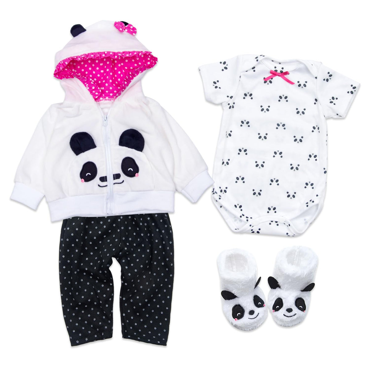 Medylove Reborn panda coat on a 22-inch doll, soft cotton and cozy fit.