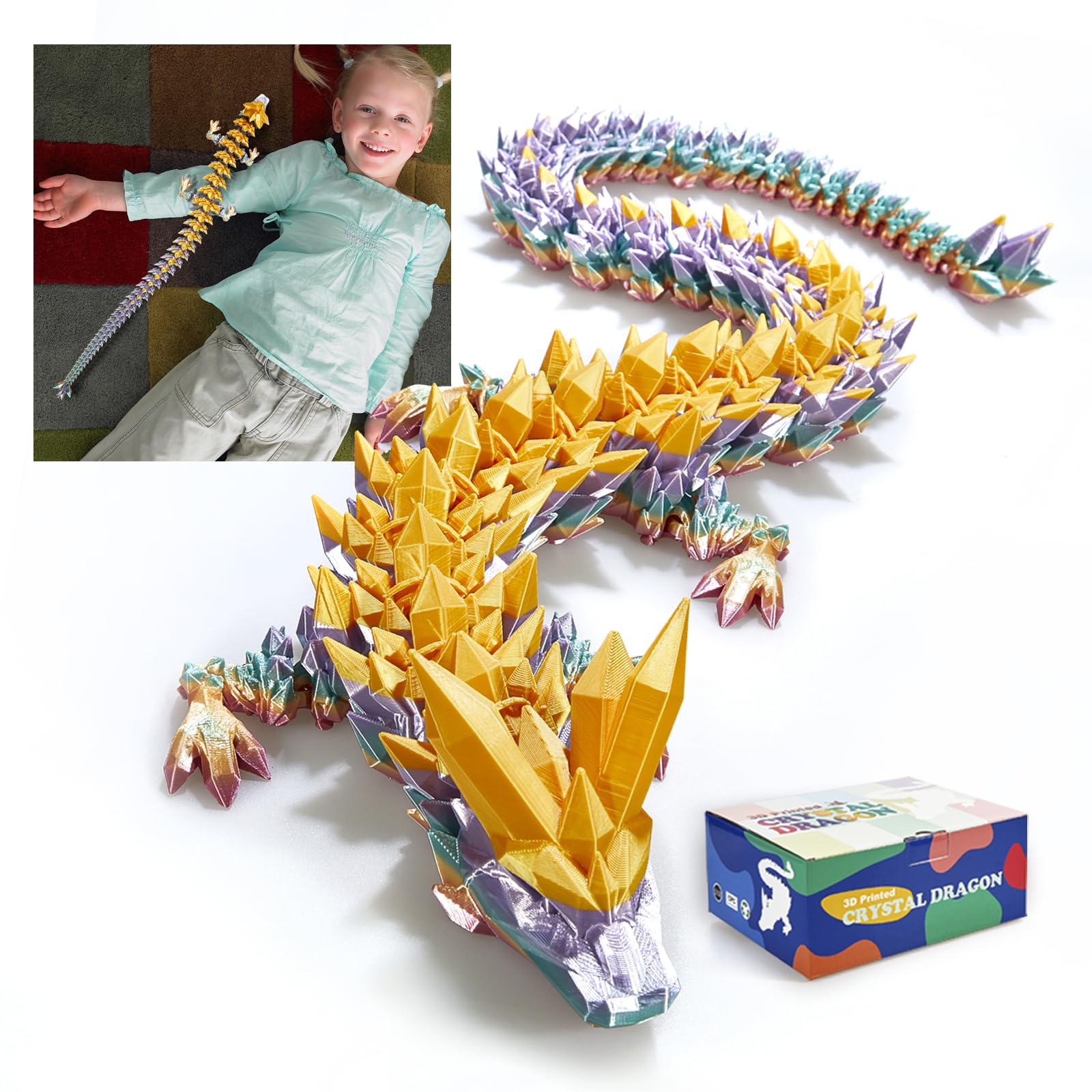 Meet Gladness 24-inch dragon in gold rainbow finish, bold desk decor for display.
