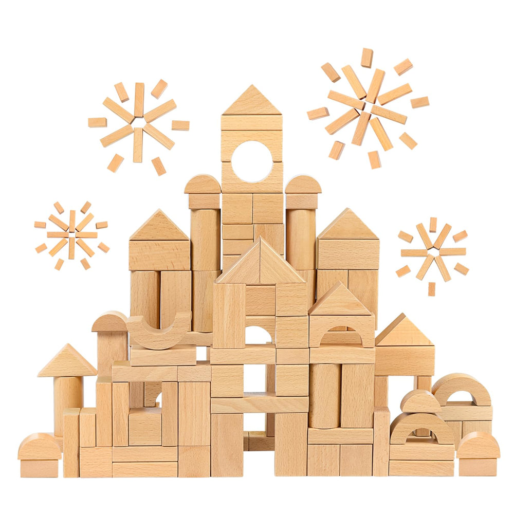 Meeyoo beech blocks form a colorful castle, boosting imaginative play and fine motor skills.