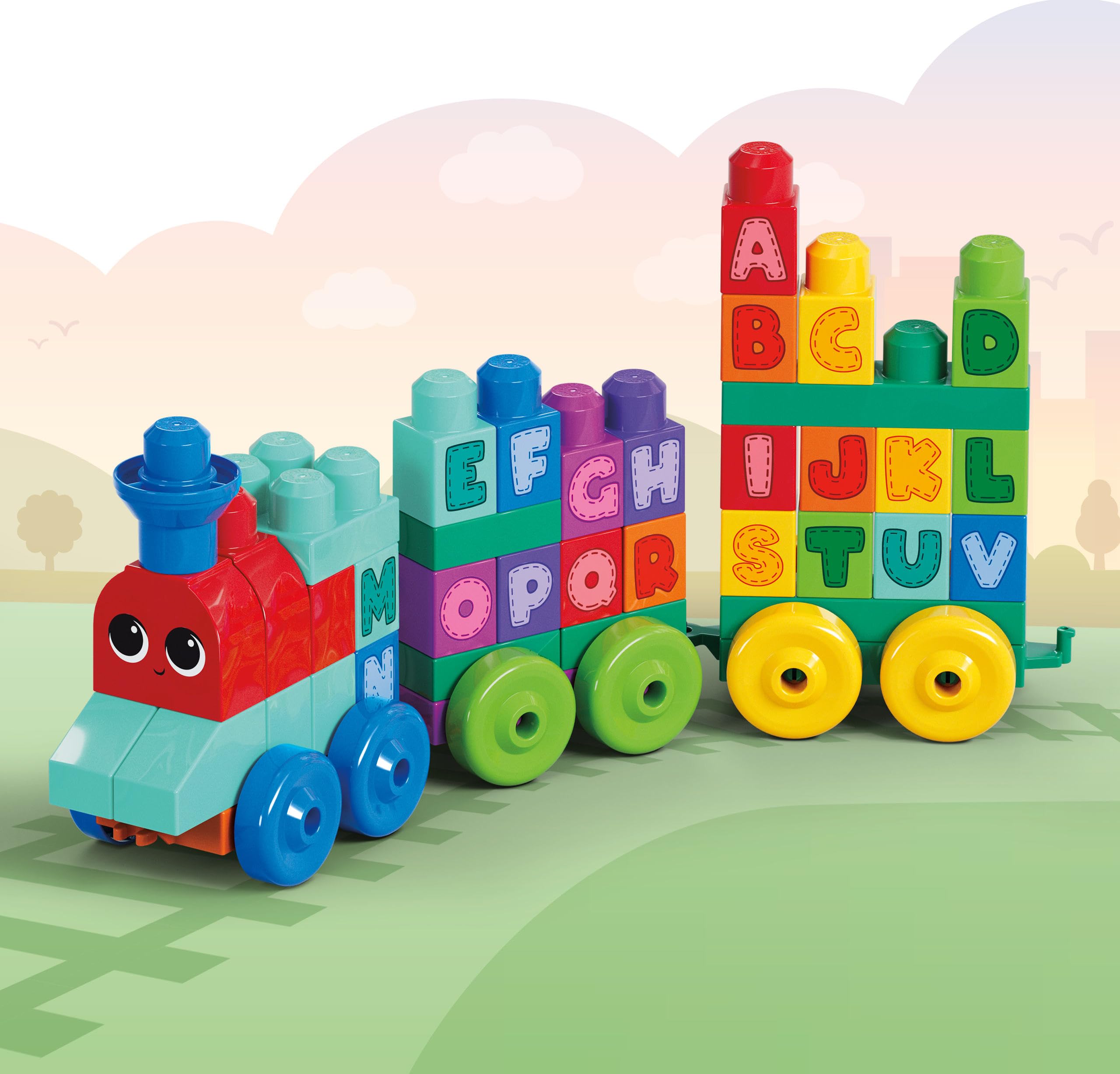 Mega Bloks ABC Train letters tiles for building words and creativity.