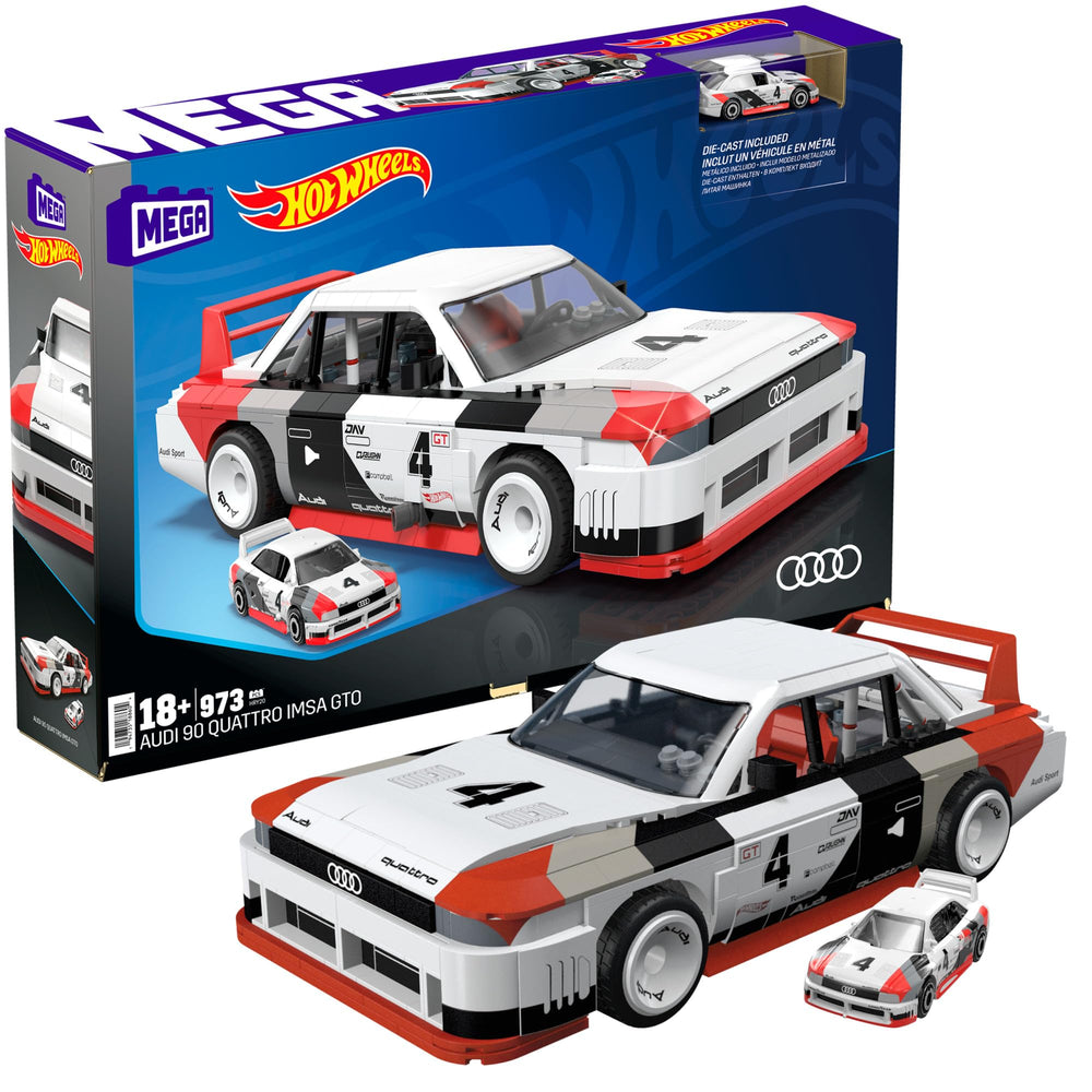 Mega Brands Audi 90 Quattro IMSA GTO die-cast model for display on a collector shelf