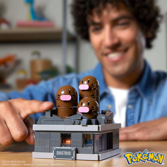 Mega Brands Dugtrio buildable figure showing interactive build experience