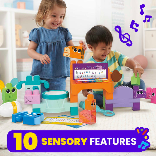 Mega Brands Mega Bloks Fisher-Price cow drum supports tactile and auditory exploration.